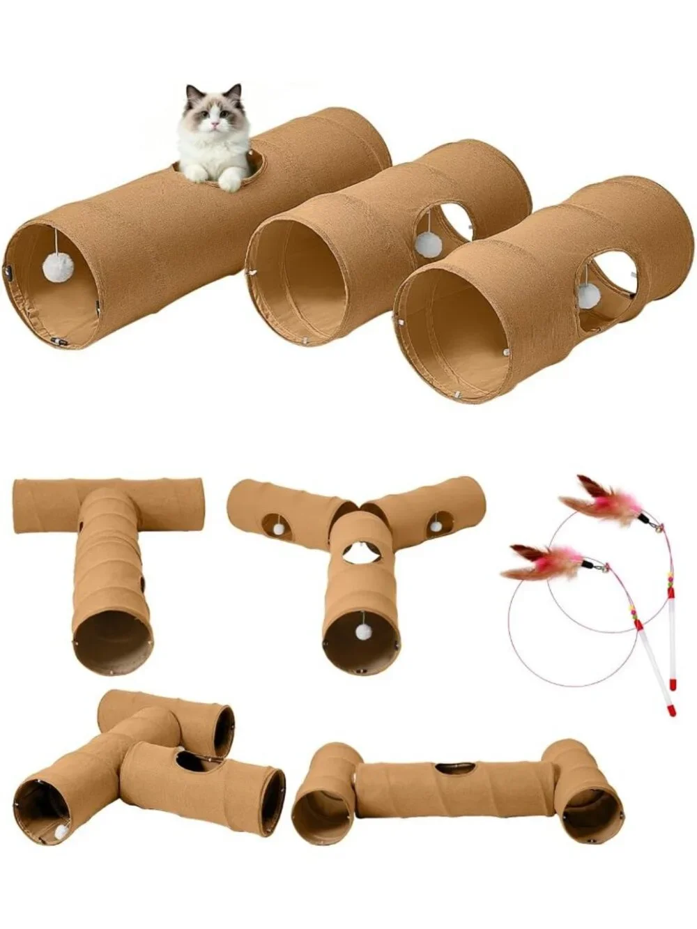 Interactive Cat Tunnel Set - 3 Straight Tunnels, DIY Shapes, Scratch Resistant